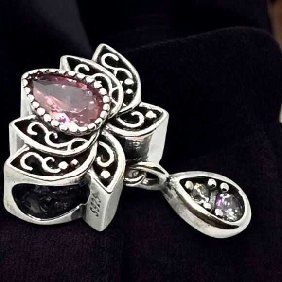 Lotus Flower Charm S925 Sterling Silver Purple Dangle Bracelet Bohemian Tribal - Picture 2 of 5